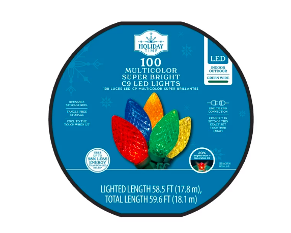 100-Count Multicolor LED Diamond-Cut C9 Christmas Lights, with Green Wire, 59.6', Holiday Time California Distributors Holiday Time 