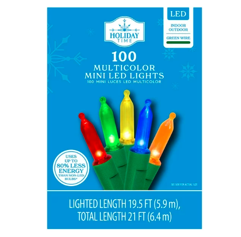 100-Count Multicolor LED Mini Christmas Lights with Green Wire, 21', Holiday Time California Distributors Holiday Time 