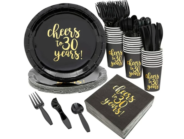 144-Piece Cheers to 30 Years Plates, Napkins, Cutlery, and Cups for Black and Gold 30th Birthday Party Supplies, Anniversary Decorations (Serves 24) California Distributors Juvale 