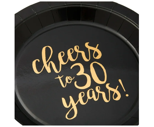 144-Piece Cheers to 30 Years Plates, Napkins, Cutlery, and Cups for Black and Gold 30th Birthday Party Supplies, Anniversary Decorations (Serves 24) California Distributors Juvale 