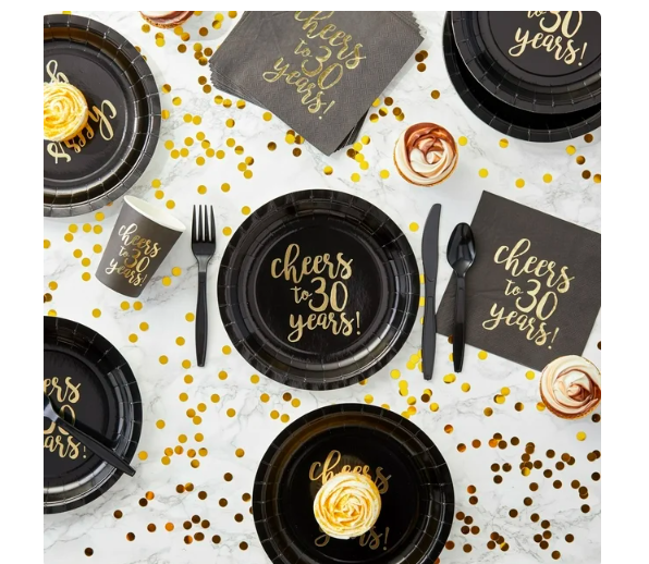 144-Piece Cheers to 30 Years Plates, Napkins, Cutlery, and Cups for Black and Gold 30th Birthday Party Supplies, Anniversary Decorations (Serves 24) California Distributors Juvale 