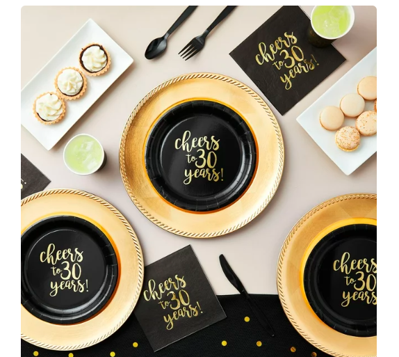 144-Piece Cheers to 30 Years Plates, Napkins, Cutlery, and Cups for Black and Gold 30th Birthday Party Supplies, Anniversary Decorations (Serves 24) California Distributors Juvale 