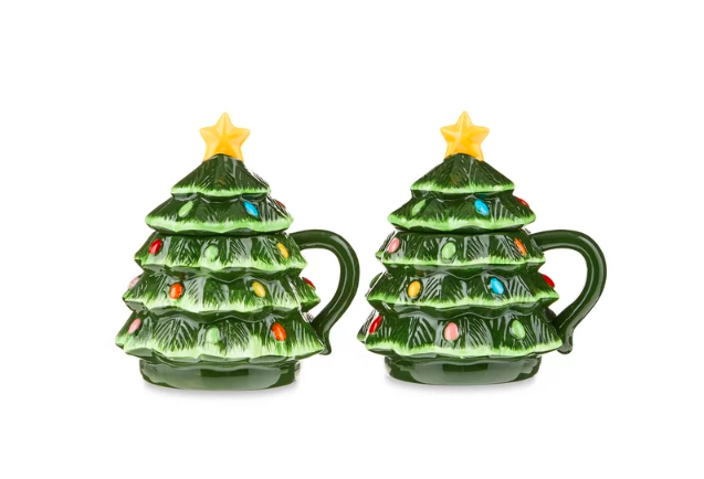 Mr. Christmas Ceramic Decorative Christmas Tree Lidded Mugs, 16oz, Set of 2, Green