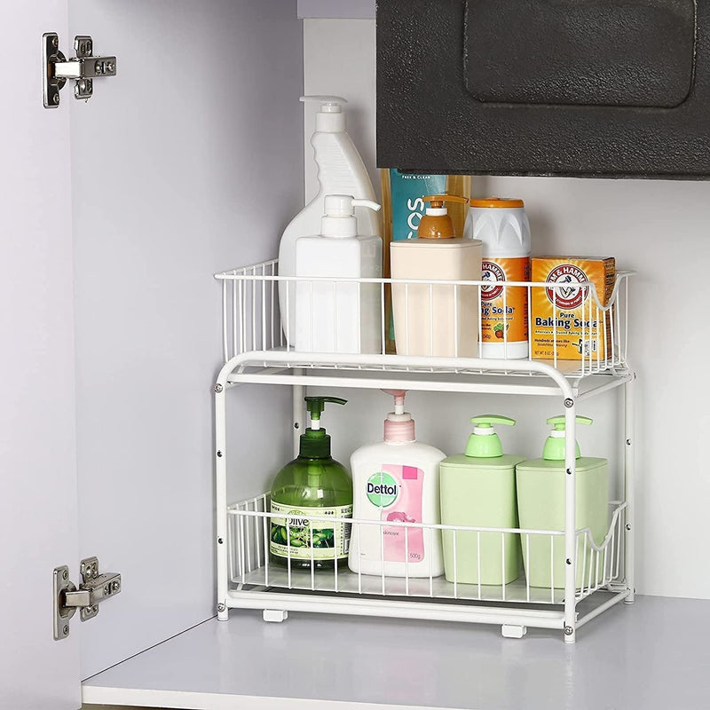 2-Tier Under Sink Storage Sliding Basket Organizer Drawer, White - My Store - Best Wholesale and distributor in United States
