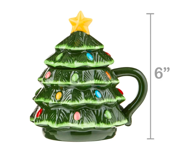 Mr. Christmas Ceramic Decorative Christmas Tree Lidded Mugs, 16oz, Set of 2, Green