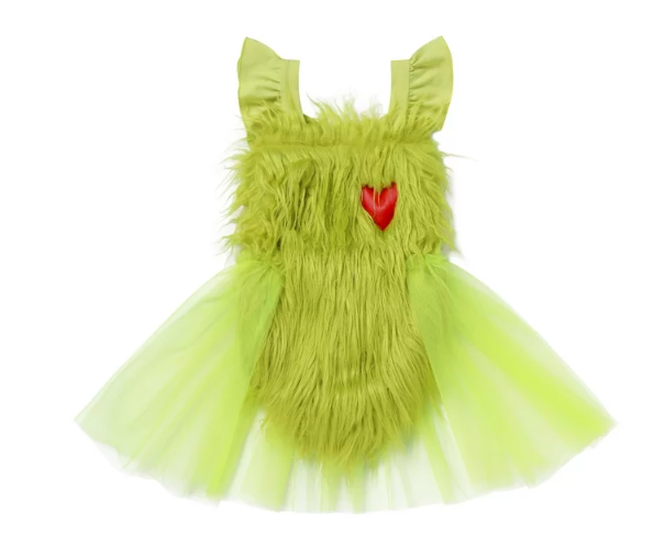 IBTOM CASTLE Newborn Infant Baby Girls Elk Christmas Grinch Clothes with Reindeer Hairband Fancy Dress up Gown Party Princess Outfits 6-12 Months Green - Heart