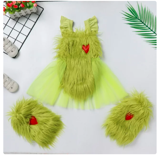 IBTOM CASTLE Newborn Infant Baby Girls Elk Christmas Grinch Clothes with Reindeer Hairband Fancy Dress up Gown Party Princess Outfits 6-12 Months Green - Heart
