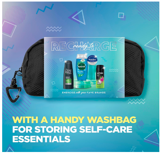 Dove Men+Care, Vaseline, RADOX, LYNX Ready to Recharge Gift Set shampoo & conditioner, lip balm, shower gel, body spray perfect for his daily routine 4 piece - Sherry Wholesale - Distributors and wholesale in United States