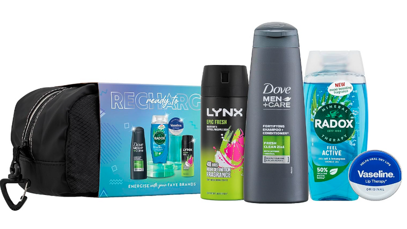 Dove Men+Care, Vaseline, RADOX, LYNX Ready to Recharge Gift Set shampoo & conditioner, lip balm, shower gel, body spray perfect for his daily routine 4 piece - Sherry Wholesale - Distributors and wholesale in United States