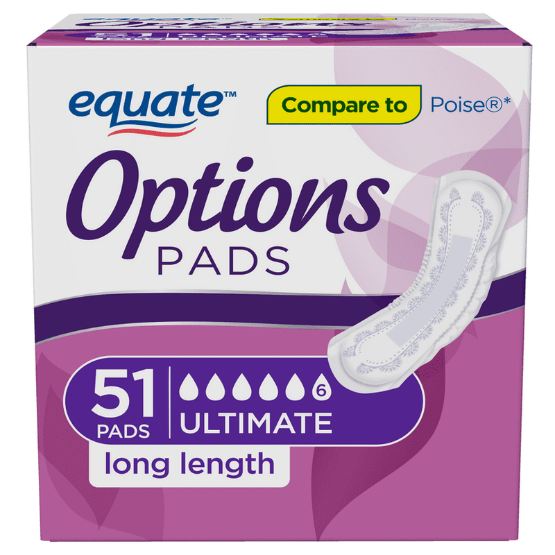 Equate Options Incontinence Pads for Women, Ultimate Absorbency, Long Length (51 Count) - Sherry Wholesale - Distributors and wholesale in United States