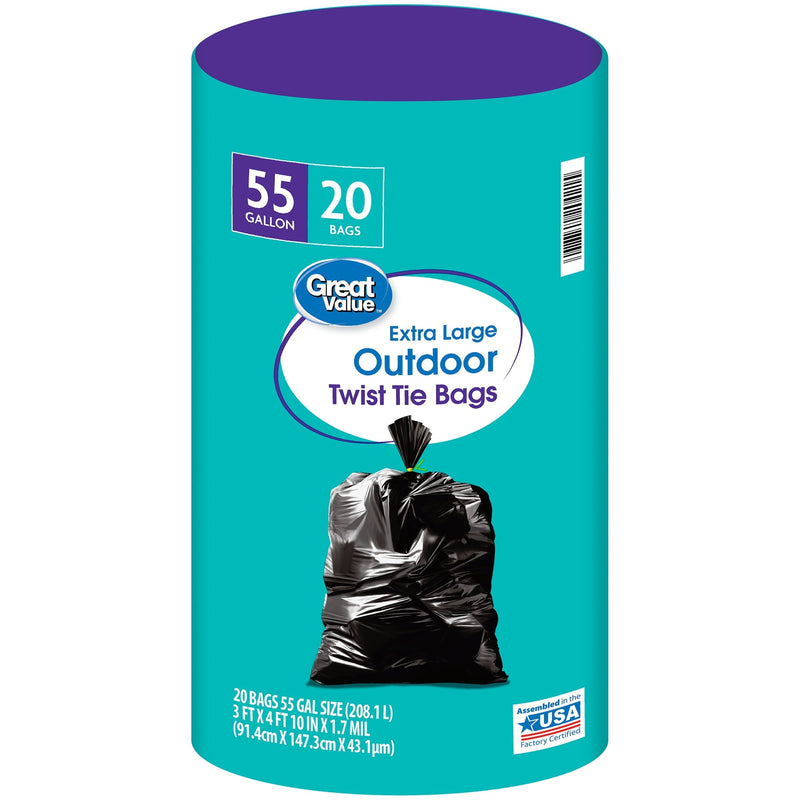 Great Value Extra Large Outdoor Trash Bags, Made with 10% Post-Consumer Recycled Materials, 55 Gallon, 20 Bags (Twist Tie) - Sherry Wholesale - Distributors and wholesale in United States