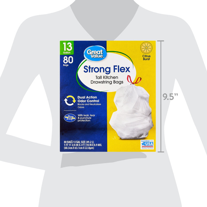 Great Value Strong Flex Tall Kitchen Drawstring Bags, Citrus Burst, 13 Gallon, 80 Count - Sherry Wholesale - Distributors and wholesale in United States