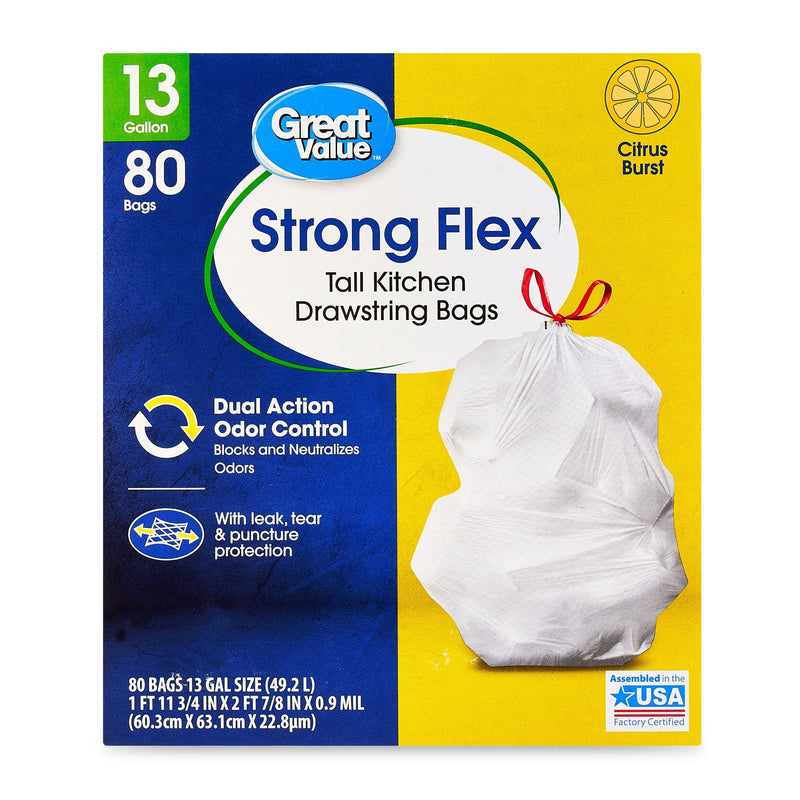 Great Value Strong Flex Tall Kitchen Drawstring Bags, Citrus Burst, 13 Gallon, 80 Count - Sherry Wholesale - Distributors and wholesale in United States