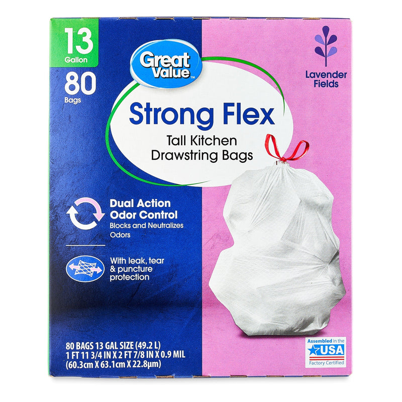 Great Value Strong Flex Tall Kitchen Drawstring Bags, Lavender Fields, 13 Gallon, 80 Count - Sherry Wholesale - Distributors and wholesale in United States