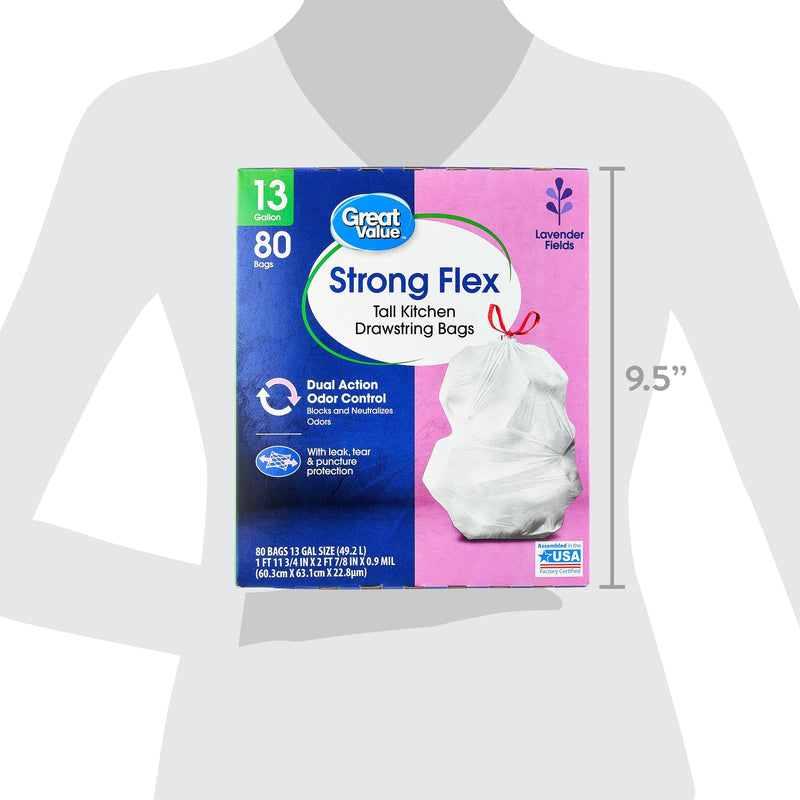 Great Value Strong Flex Tall Kitchen Drawstring Bags, Lavender Fields, 13 Gallon, 80 Count - Sherry Wholesale - Distributors and wholesale in United States