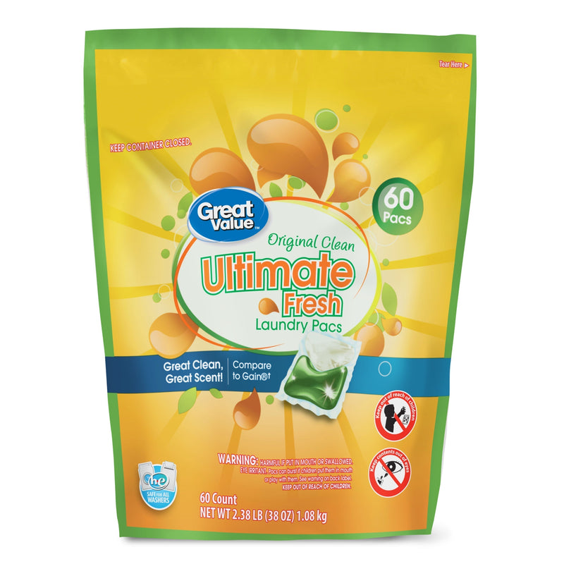 Great Value Ultimate Fresh Laundry Pacs, Original Clean, 60 Count - Sherry Wholesale - Distributors and wholesale in United States