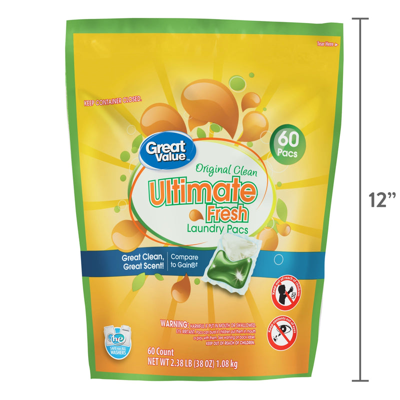 Great Value Ultimate Fresh Laundry Pacs, Original Clean, 60 Count - Sherry Wholesale - Distributors and wholesale in United States