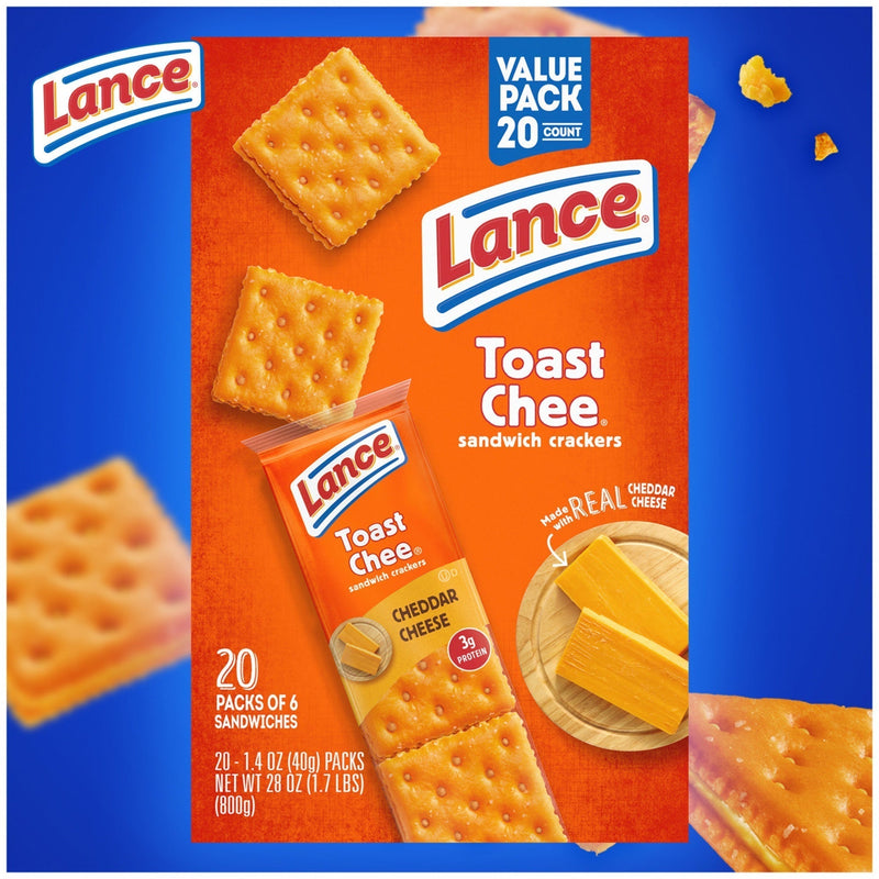 Lance Sandwich Crackers, ToastChee Cheddar, 20 Individually Wrapped Packs, 6 Sandwiches Each - Sherry Wholesale - Distributors and wholesale in United States