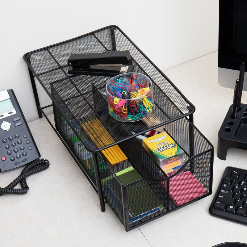 Mind Reader Network Collection, 2-Compartment Sliding Basket Storage, Kitchen, Desk, Makeup, Cabinet Organizer, Metal Mesh, Black - My Store - Best Wholesale and distributor in United States