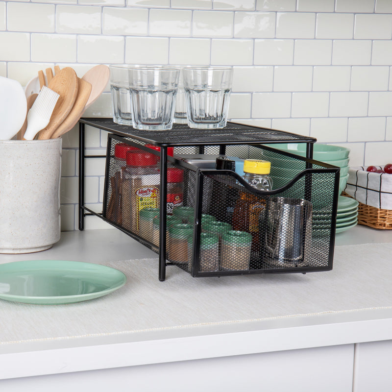 Mind Reader Network Collection, 2-Compartment Sliding Basket Storage, Kitchen, Desk, Makeup, Cabinet Organizer, Metal Mesh, Black - My Store - Best Wholesale and distributor in United States