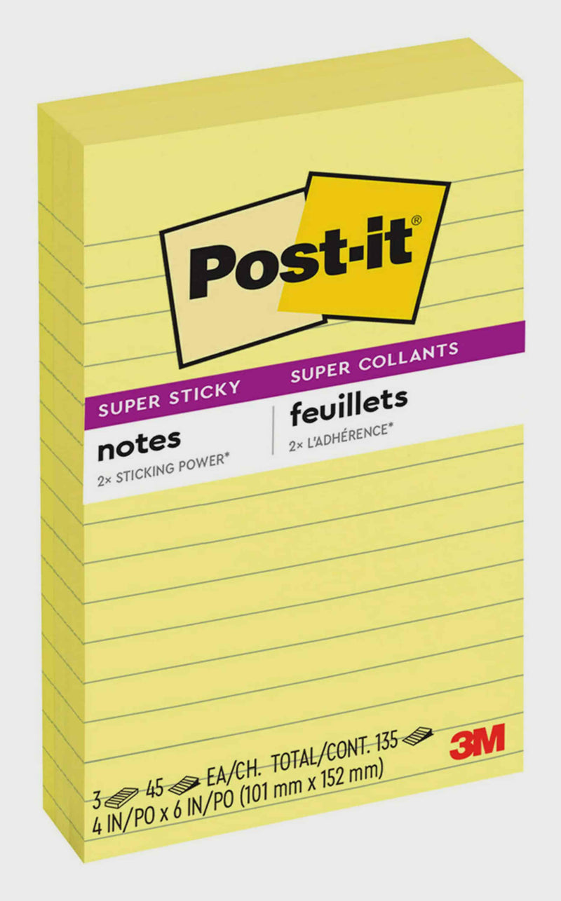 Post-it Super Sticky Lined Notes, 4" x 6", Canary Yellow, 3 Pack - Sherry Wholesale - Distributors and wholesale in United States