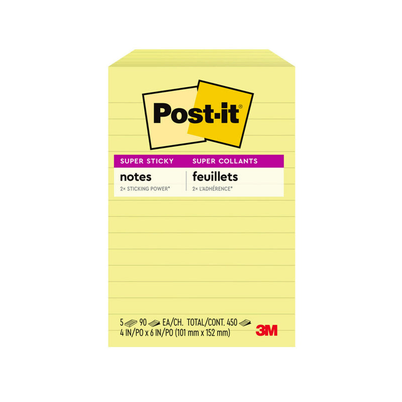 Post-it Super Sticky Lined Notes, 4" x 6", Canary Yellow, 5 Pads SN Distributors Post-it 