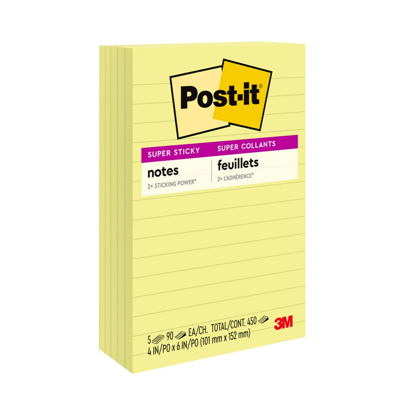 Post-it Super Sticky Lined Notes, 4" x 6", Canary Yellow, 5 Pads SN Distributors Post-it 