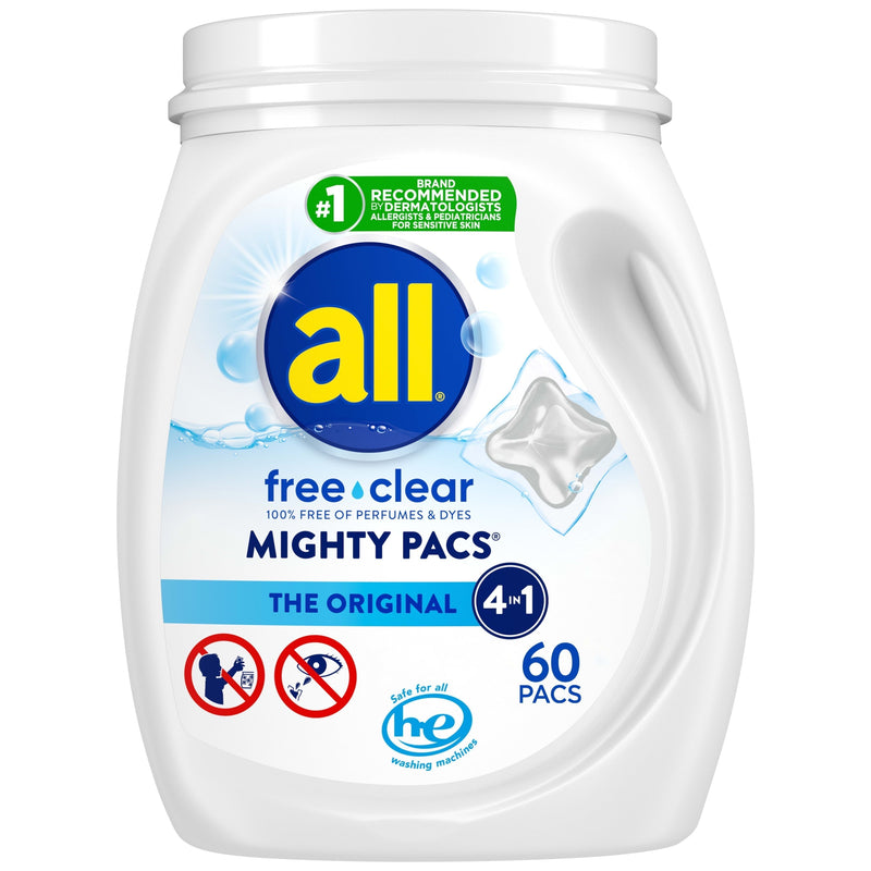 all Mighty Pacs Laundry Detergent Pacs, Free Clear for Sensitive Skin, Unscented and Dye Free, 60 Count - Sherry Wholesale - Distributors and wholesale in United States