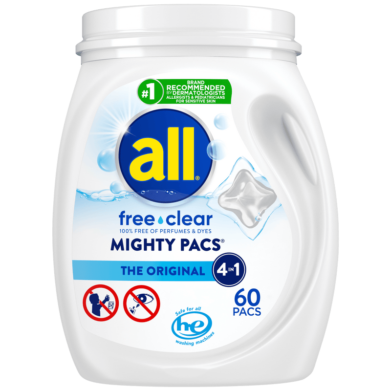 all Mighty Pacs Laundry Detergent Pacs, Free Clear for Sensitive Skin, Unscented and Dye Free, 60 Count - Sherry Wholesale - Distributors and wholesale in United States