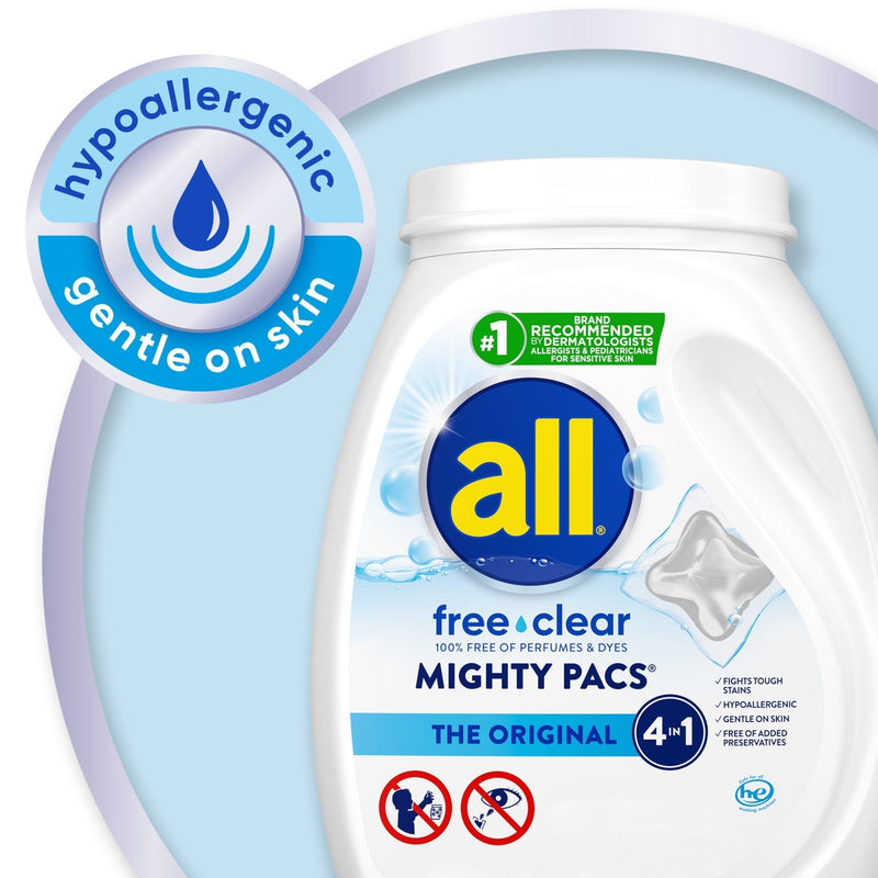 all Mighty Pacs Laundry Detergent Pacs, Free Clear for Sensitive Skin, Unscented and Dye Free, 60 Count - Sherry Wholesale - Distributors and wholesale in United States