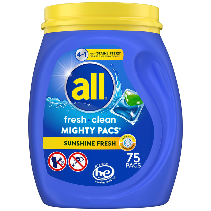 all Mighty Pacs Laundry Detergent Pacs, Fresh Clean 4 in 1 with Stainlifters, Sunshine Fresh, 75 Count - Sherry Wholesale - Distributors and wholesale in United States