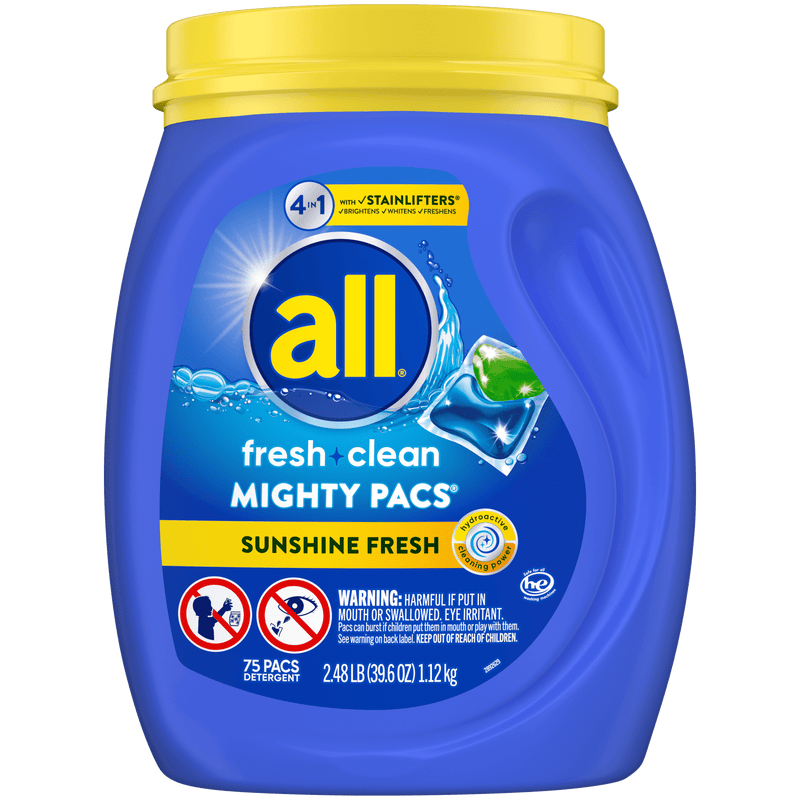 all Mighty Pacs Laundry Detergent Pacs, Fresh Clean 4 in 1 with Stainlifters, Sunshine Fresh, 75 Count - Sherry Wholesale - Distributors and wholesale in United States