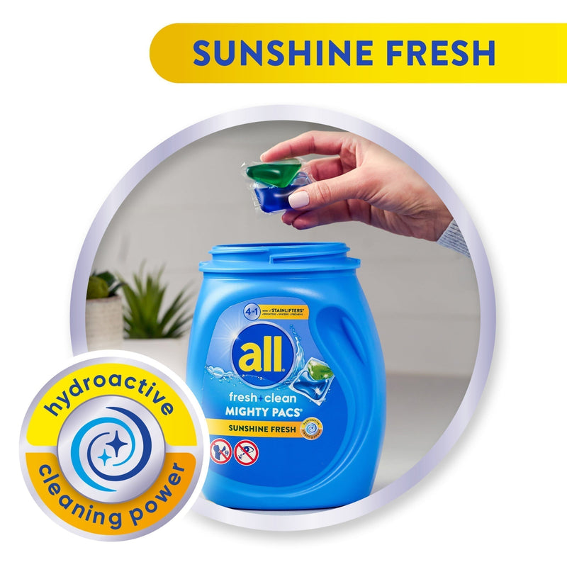 all Mighty Pacs Laundry Detergent Pacs, Fresh Clean 4 in 1 with Stainlifters, Sunshine Fresh, 75 Count - Sherry Wholesale - Distributors and wholesale in United States