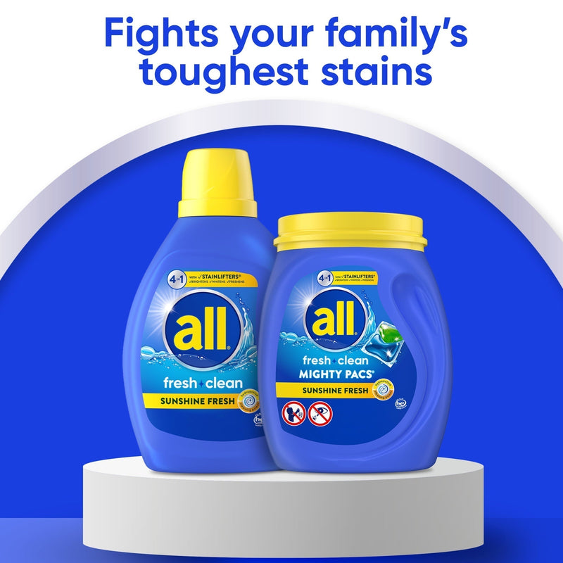 all Mighty Pacs Laundry Detergent Pacs, Fresh Clean 4 in 1 with Stainlifters, Sunshine Fresh, 75 Count - Sherry Wholesale - Distributors and wholesale in United States
